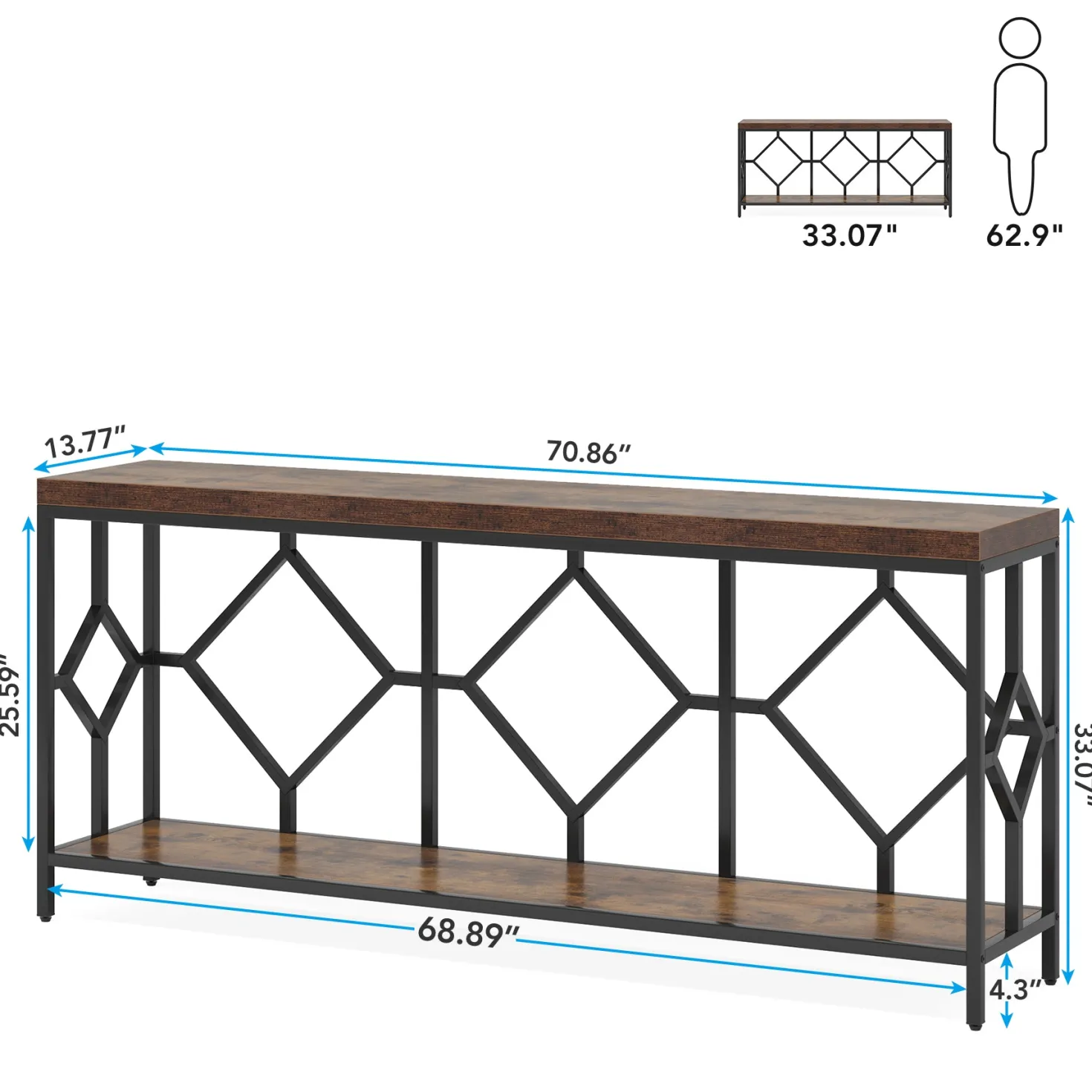 2-Tier Console Table, 71" Extra Long Sofa Table with Open Storage Shelf