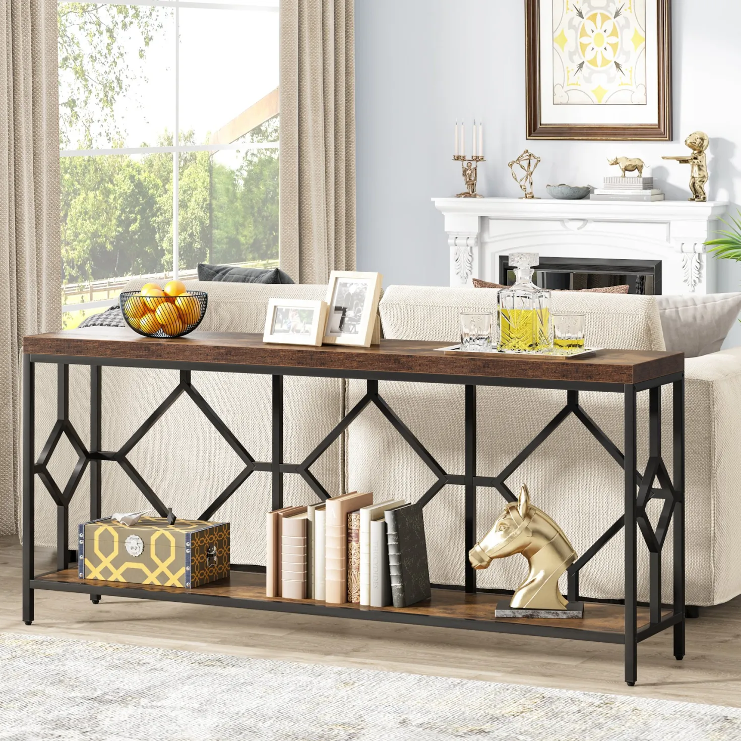 2-Tier Console Table, 71" Extra Long Sofa Table with Open Storage Shelf