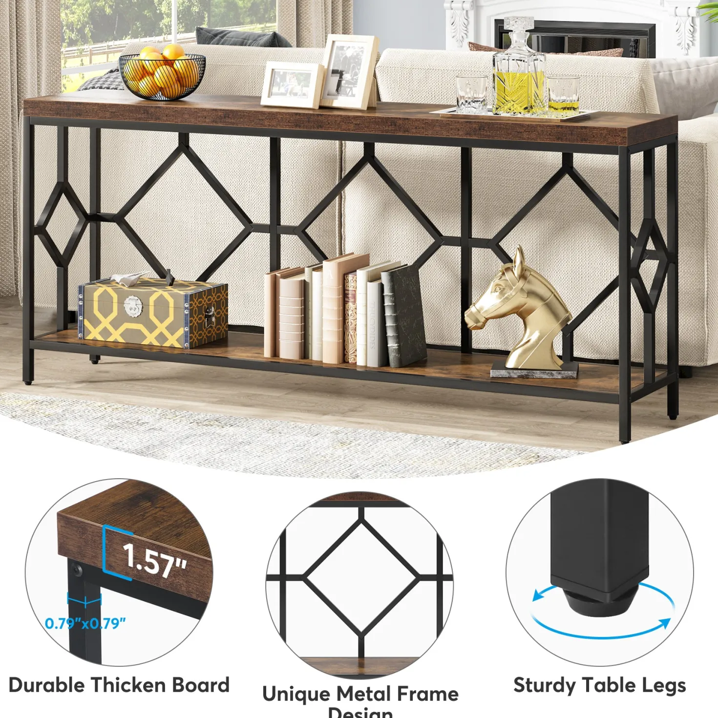 2-Tier Console Table, 71" Extra Long Sofa Table with Open Storage Shelf