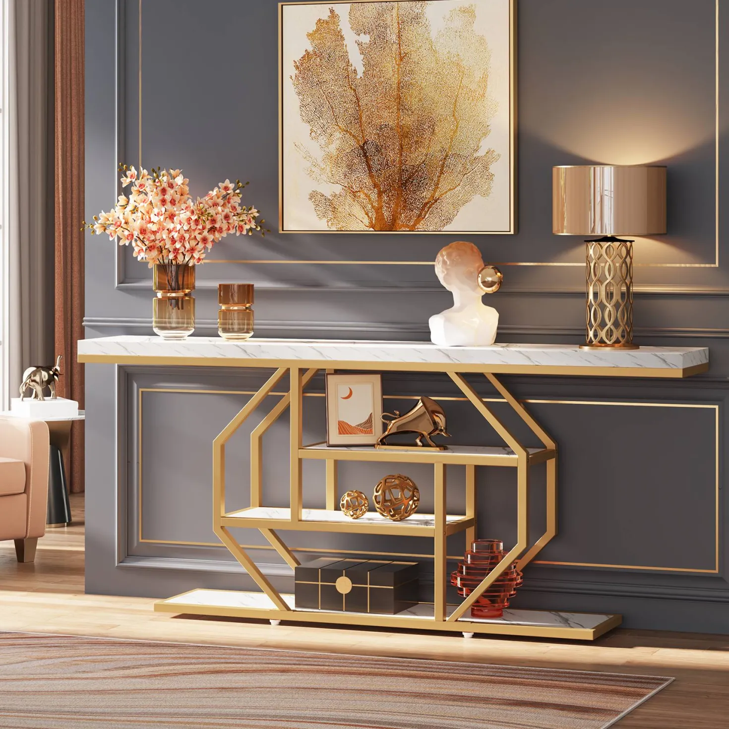 4-Tier Console Table, 70.9 inch Sofa Table Accent Table with Storage Shelves