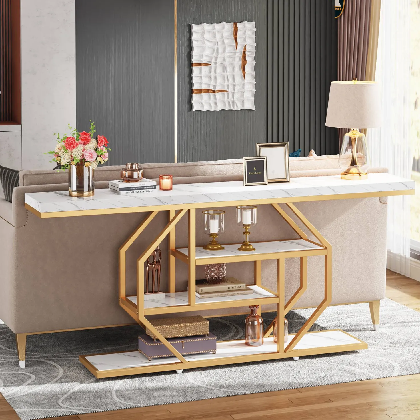 4-Tier Console Table, 70.9 inch Sofa Table Accent Table with Storage Shelves