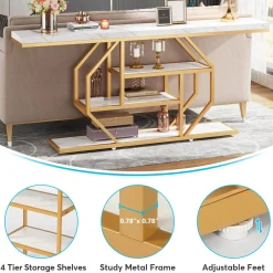 4-Tier Console Table, 70.9 inch Sofa Table Accent Table with Storage Shelves