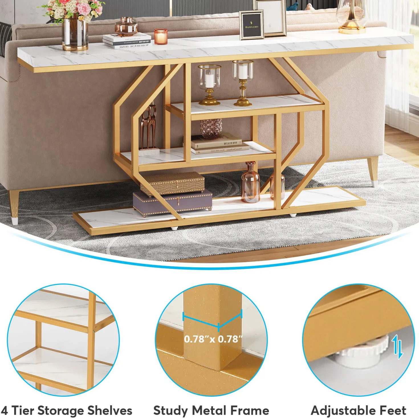 4-Tier Console Table, 70.9 inch Sofa Table Accent Table with Storage Shelves