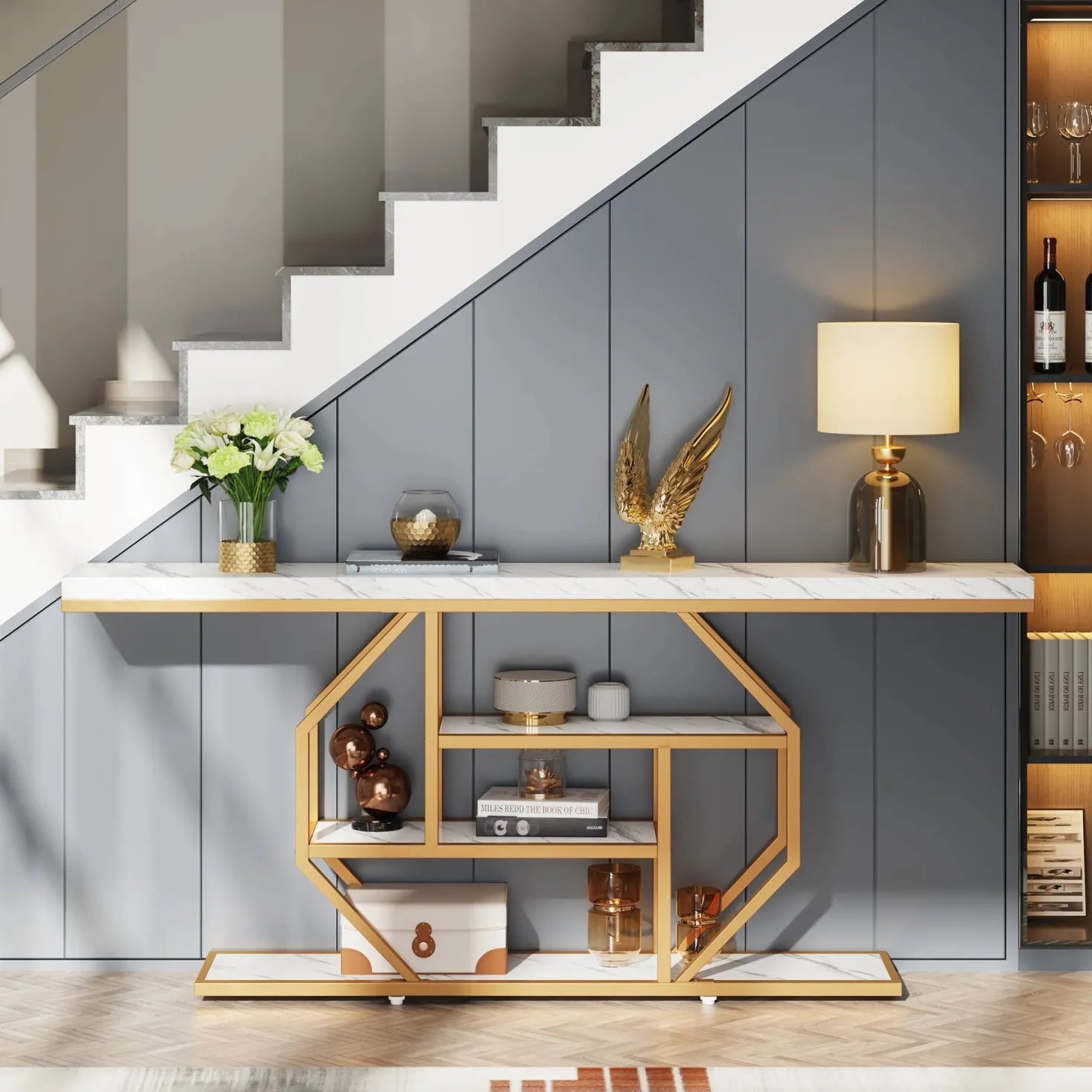 4-Tier Console Table, 70.9 inch Sofa Table Accent Table with Storage Shelves