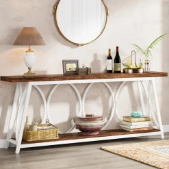 2-Tier Console Table, 70.9" Industrial Sofa Table Behind Couch with Shelves