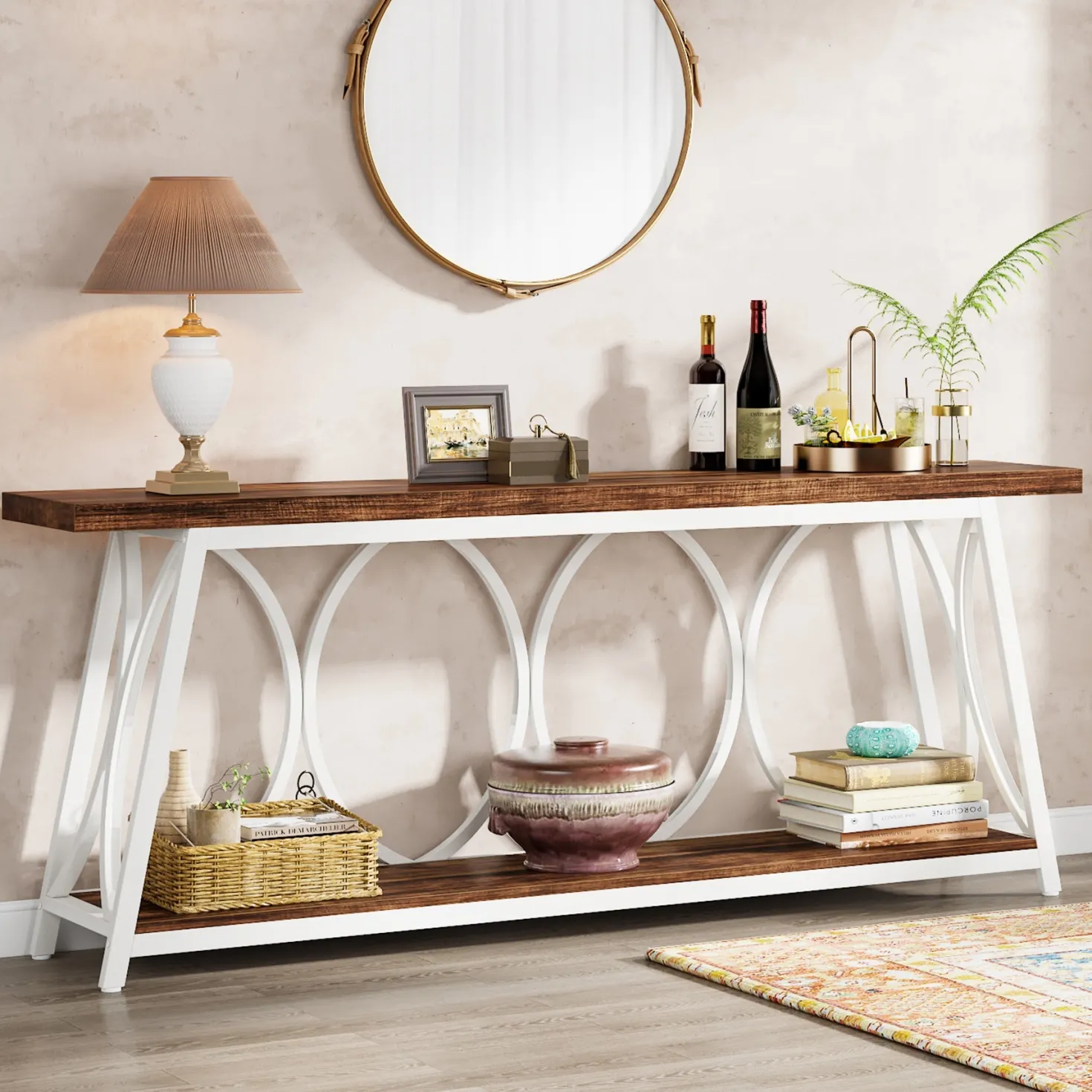 2-Tier Console Table, 70.9" Industrial Sofa Table Behind Couch with Shelves