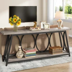 2-Tier Console Table, 70.9" Industrial Sofa Table Behind Couch with Shelves