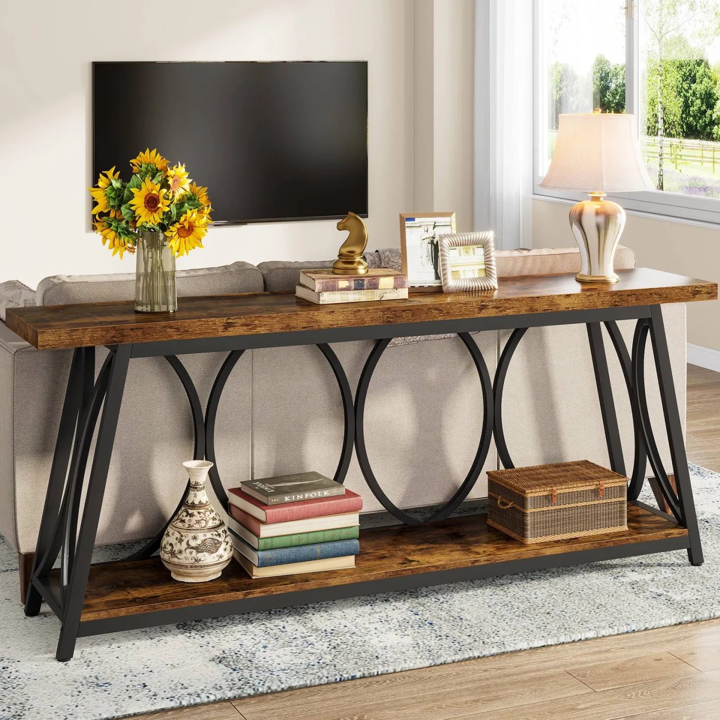 2-Tier Console Table, 70.9" Industrial Sofa Table Behind Couch with Shelves
