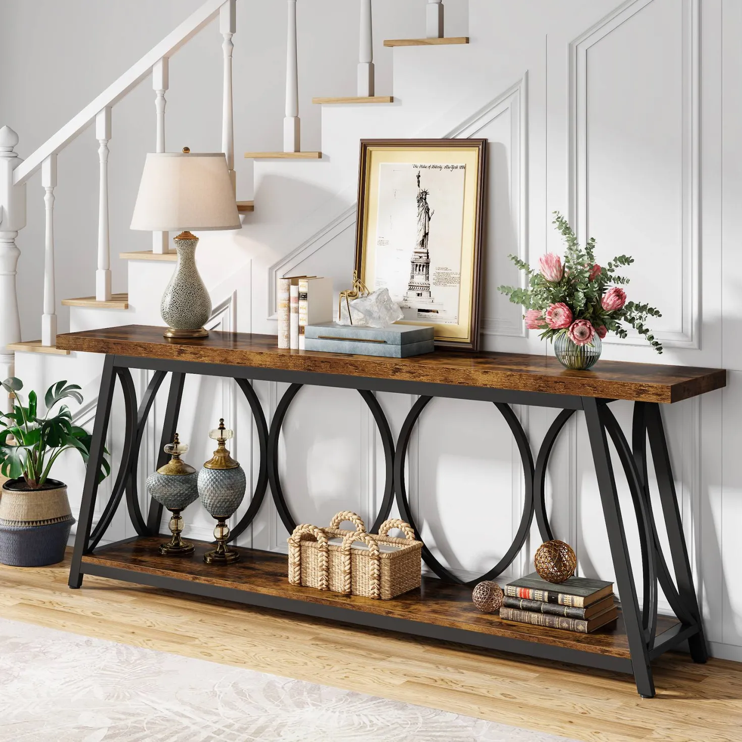 2-Tier Console Table, 70.9" Industrial Sofa Table Behind Couch with Shelves
