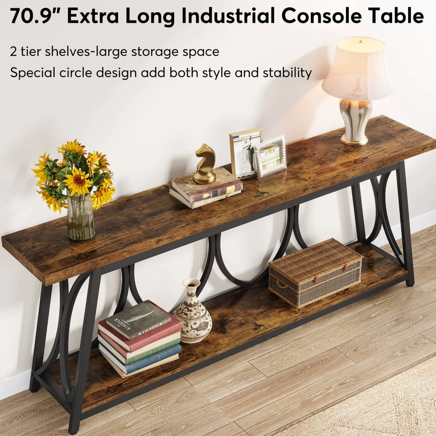 2-Tier Console Table, 70.9" Industrial Sofa Table Behind Couch with Shelves