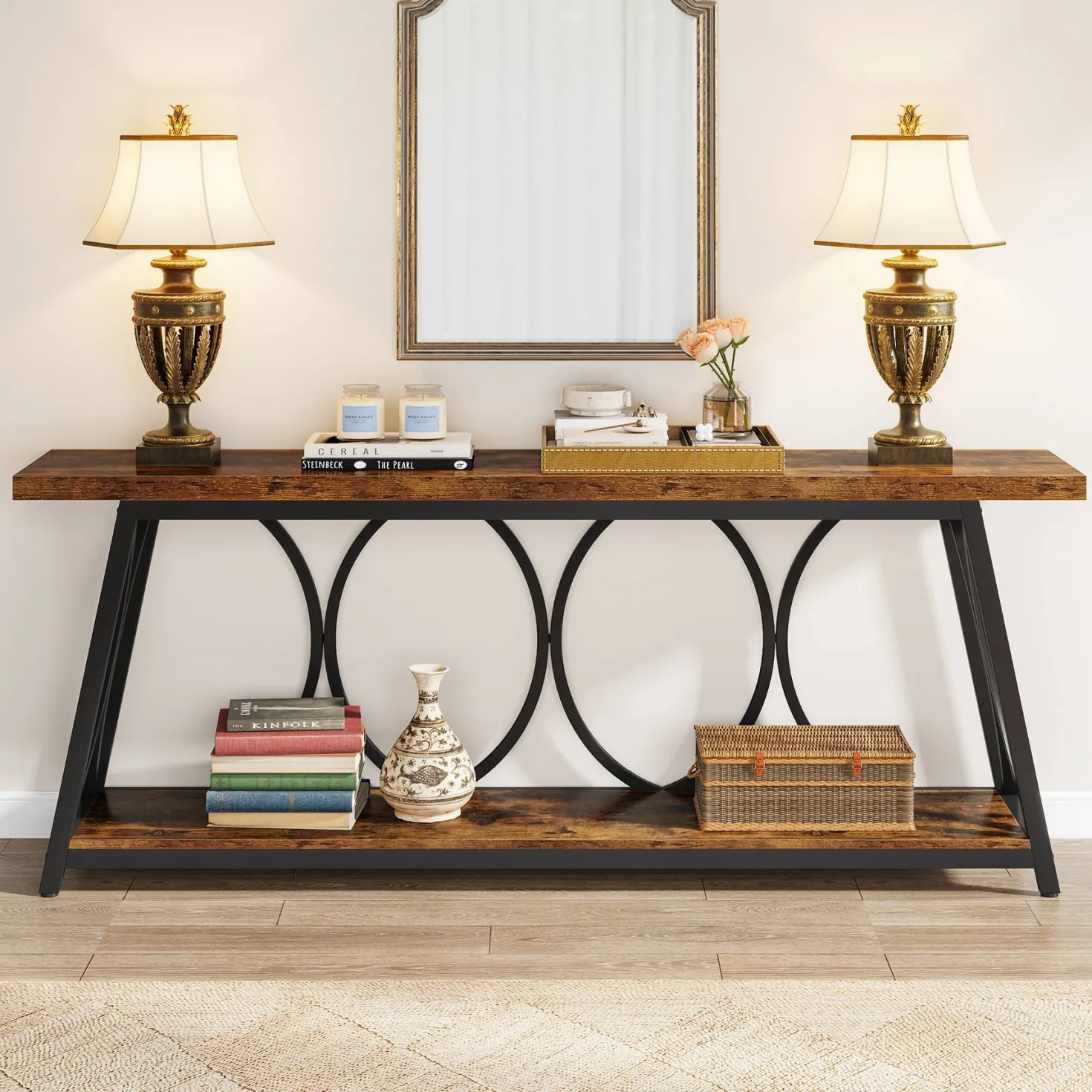 2-Tier Console Table, 70.9" Industrial Sofa Table Behind Couch with Shelves