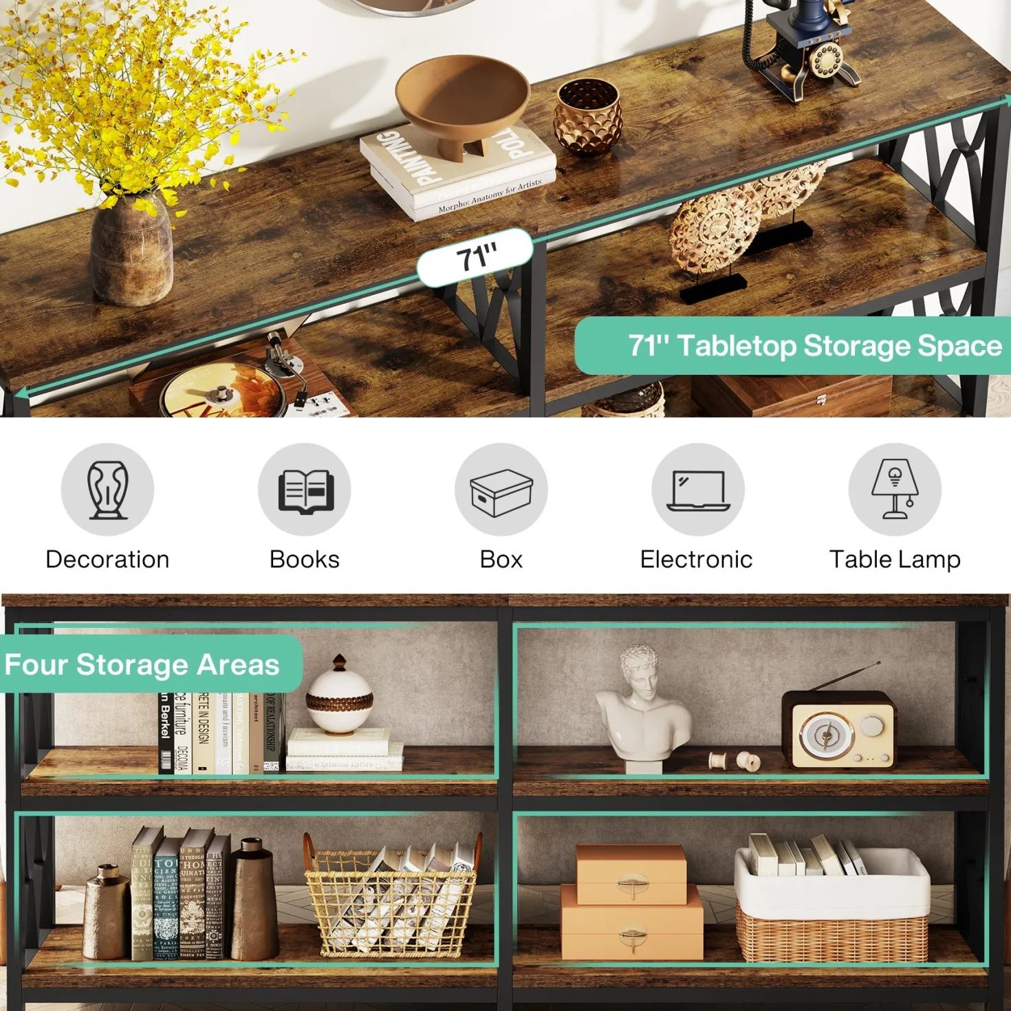 3-Tier Console Table, 70.9" Industrial Sofa Foyer Table for Living Room