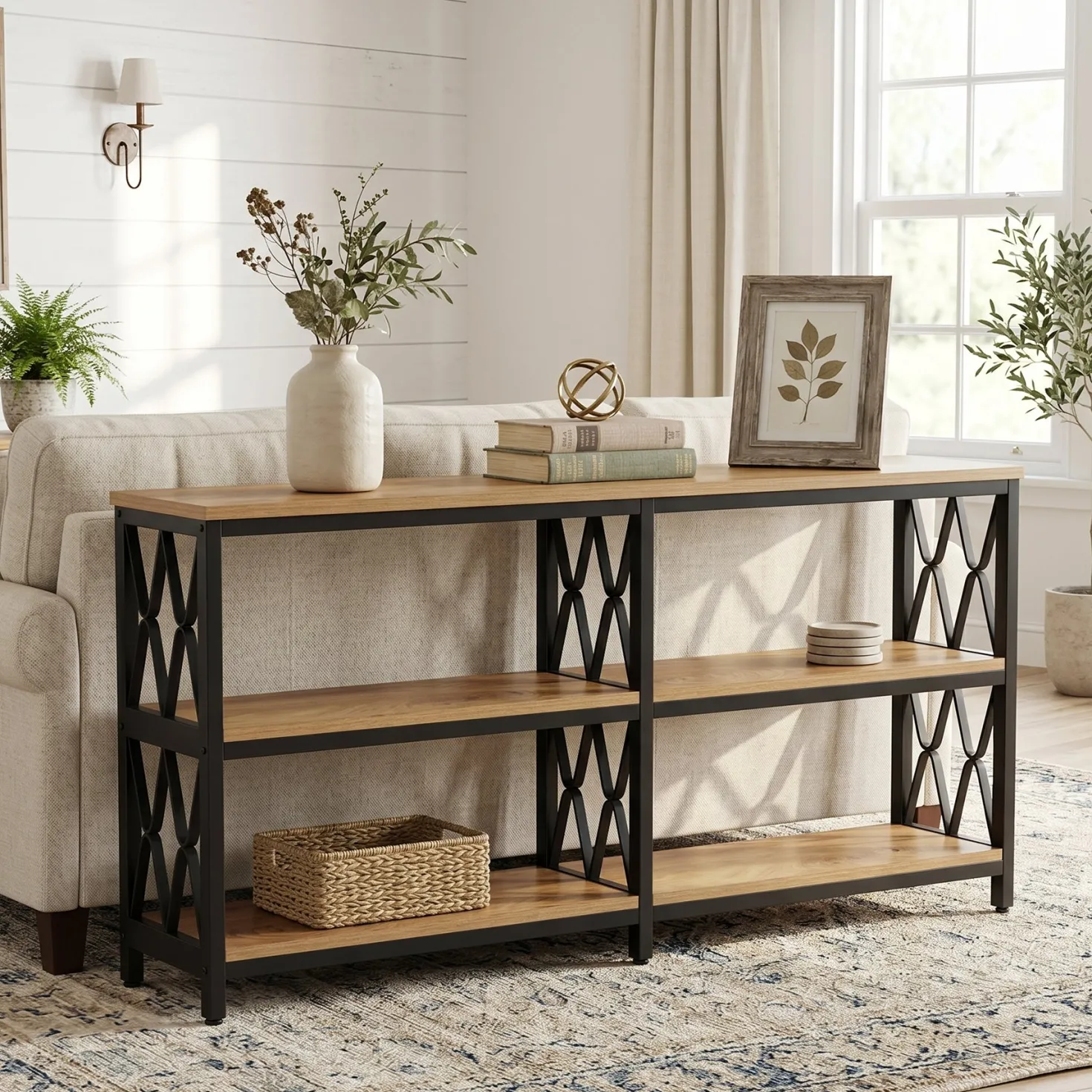 3-Tier Console Table, 70.9" Industrial Sofa Foyer Table for Living Room