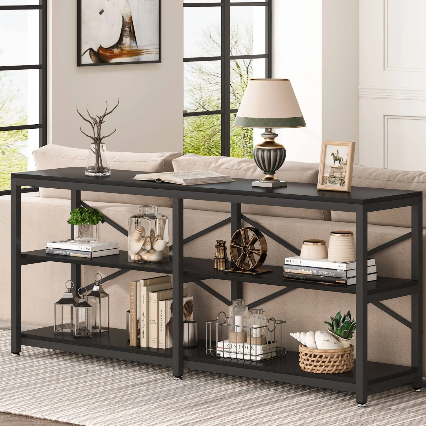 3-Tier Console Table, 70.9" Long Foyer Sofa Table with Storage Shelves