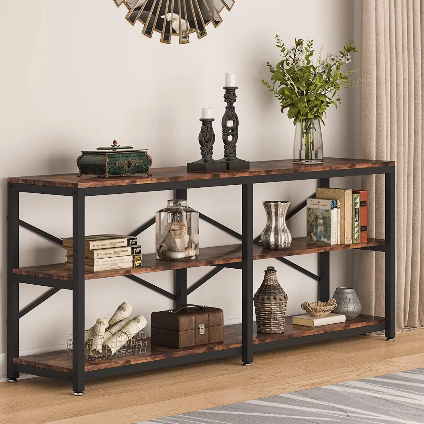 3-Tier Console Table, 70.9" Long Foyer Sofa Table with Storage Shelves