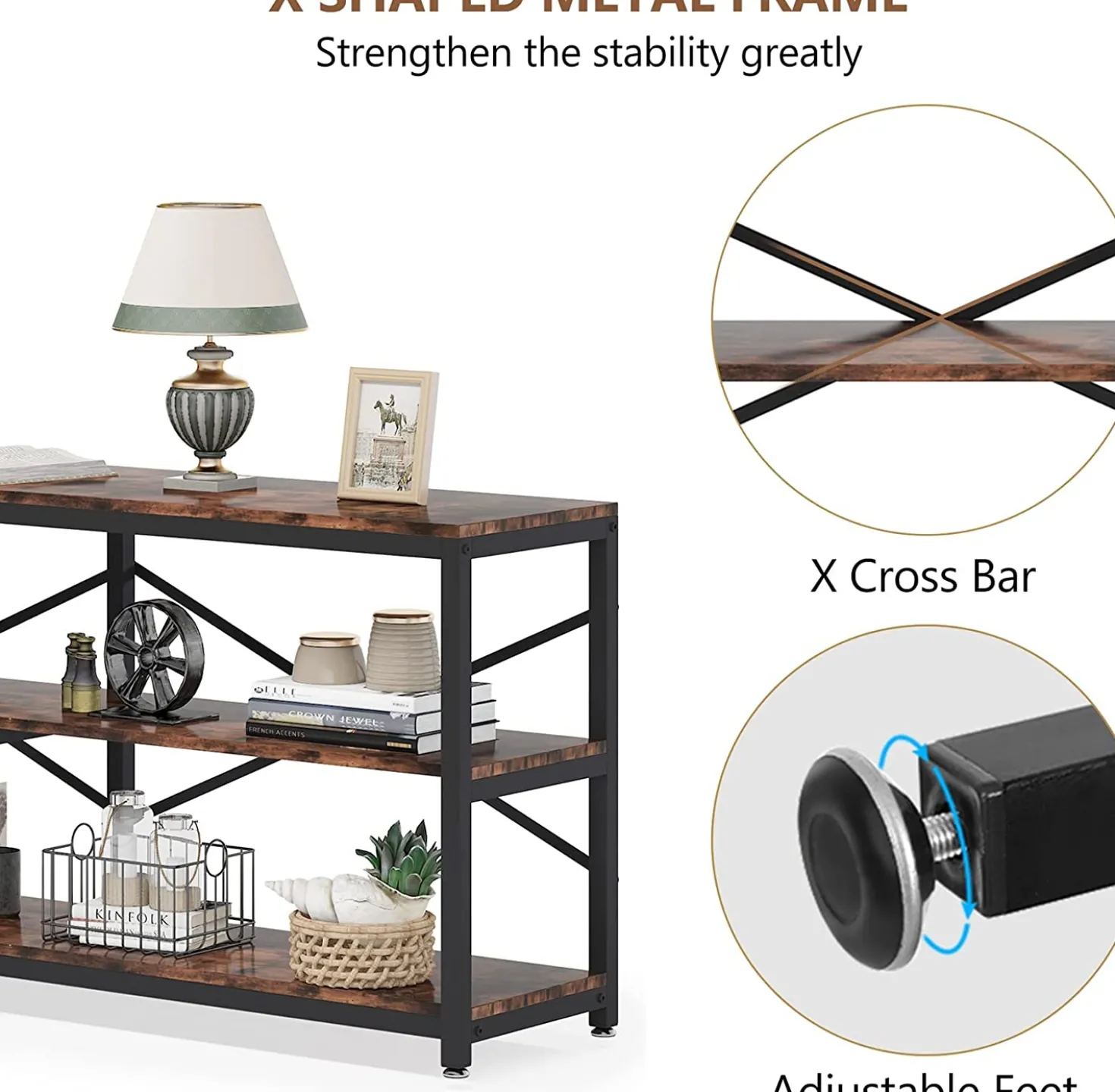 3-Tier Console Table, 70.9" Long Foyer Sofa Table with Storage Shelves