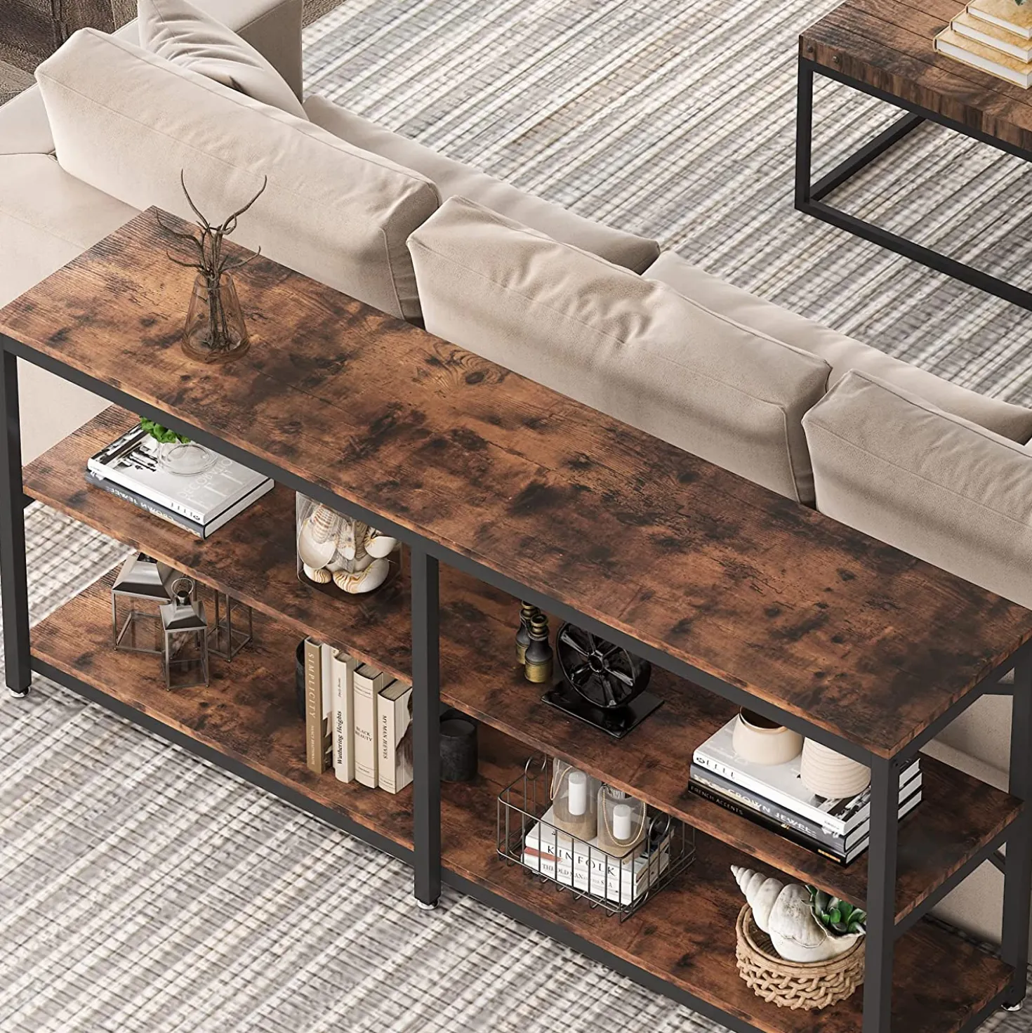3-Tier Console Table, 70.9" Long Foyer Sofa Table with Storage Shelves