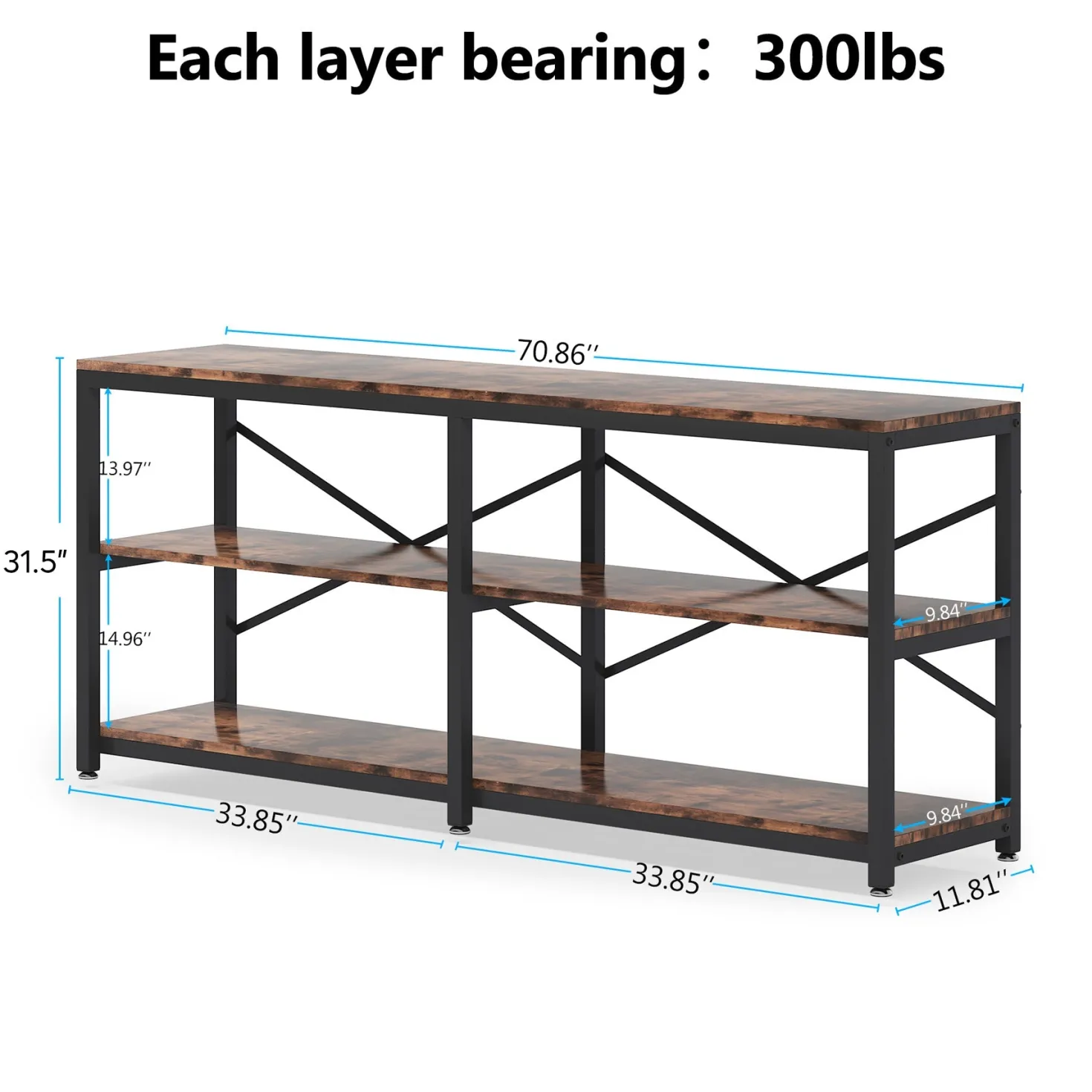 3-Tier Console Table, 70.9" Long Foyer Sofa Table with Storage Shelves