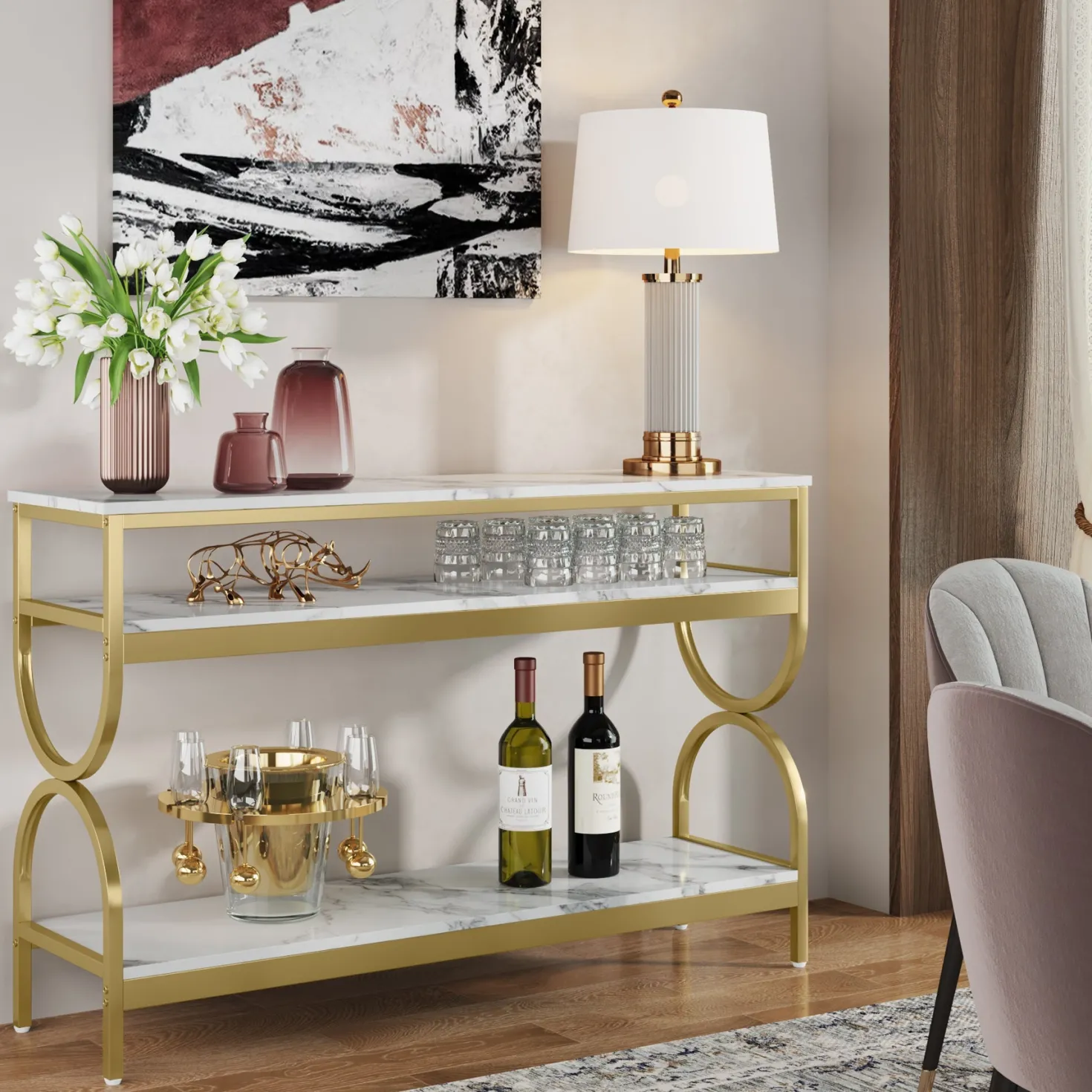3-Tier Console Table, 55" Sofa Table with Storage Shelves