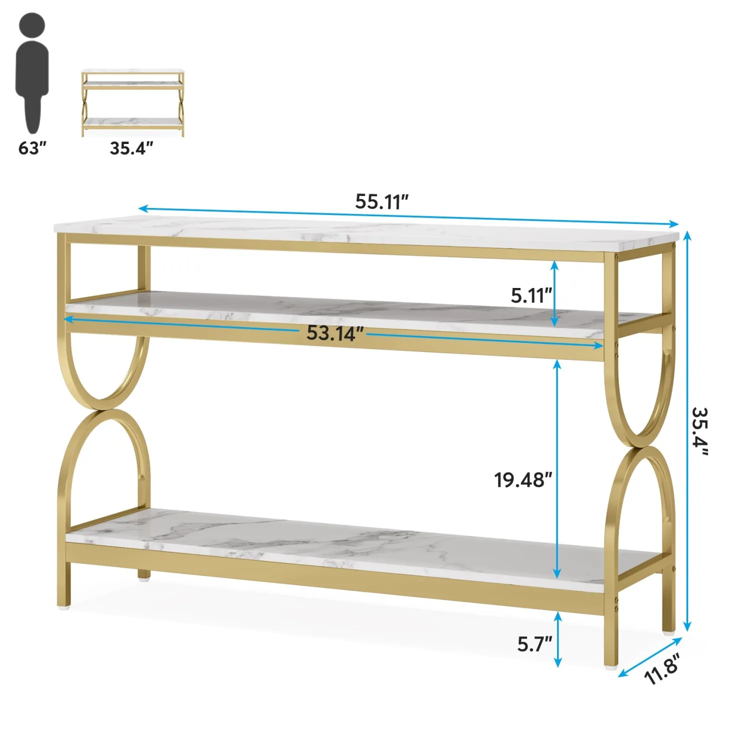 3-Tier Console Table, 55" Sofa Table with Storage Shelves