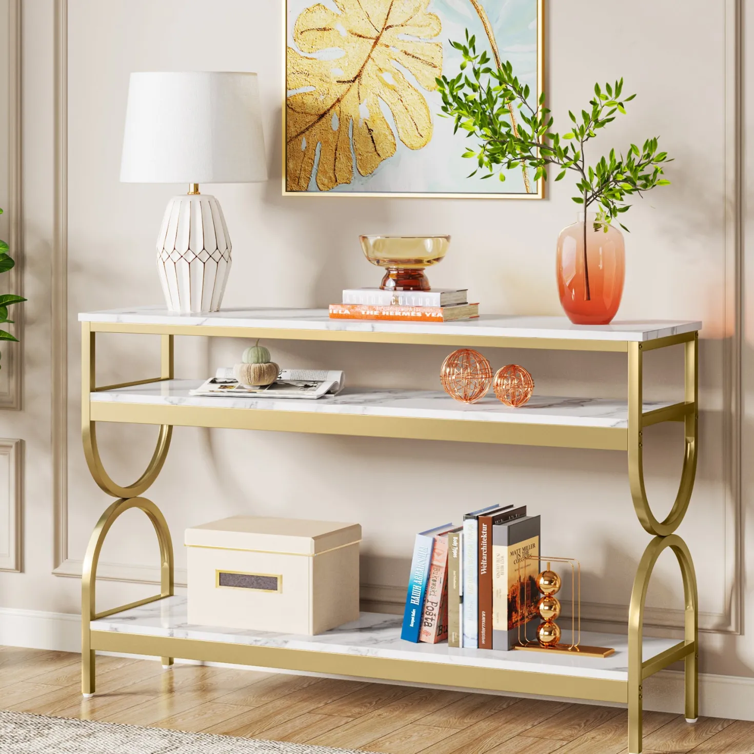 3-Tier Console Table, 55" Sofa Table with Storage Shelves