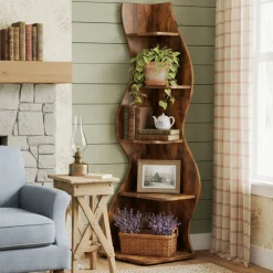 5-Tier Corner Bookcase, Rustic Freestanding Corner Shelf for Small Spaces