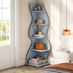 5-Tier Corner Bookcase, Rustic Freestanding Corner Shelf for Small Spaces