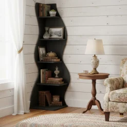 5-Tier Corner Bookcase, Rustic Freestanding Corner Shelf for Small Spaces