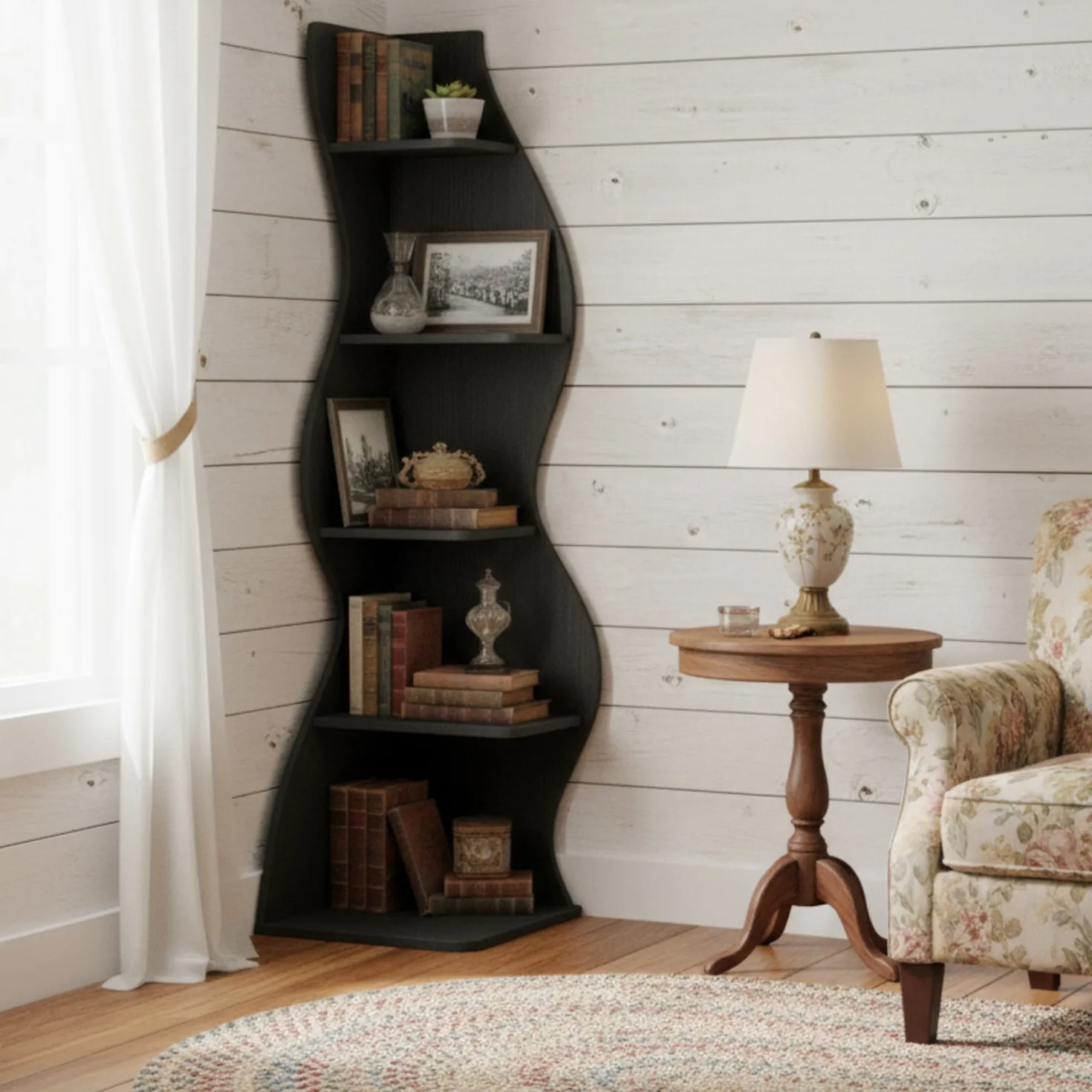 5-Tier Corner Bookcase, Rustic Freestanding Corner Shelf for Small Spaces