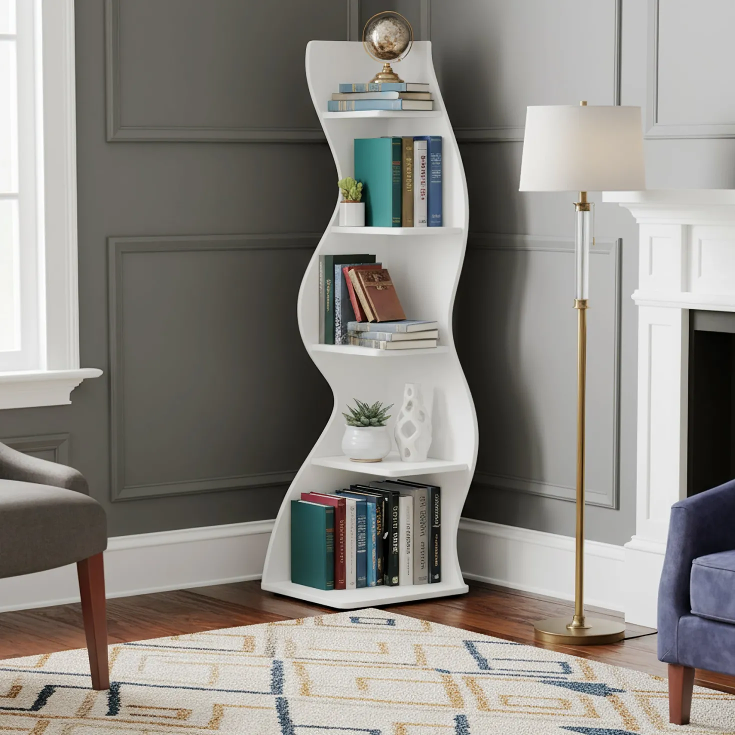 5-Tier Corner Bookcase, Rustic Freestanding Corner Shelf for Small Spaces