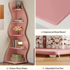 5-Tier Corner Bookcase, Rustic Freestanding Corner Shelf for Small Spaces