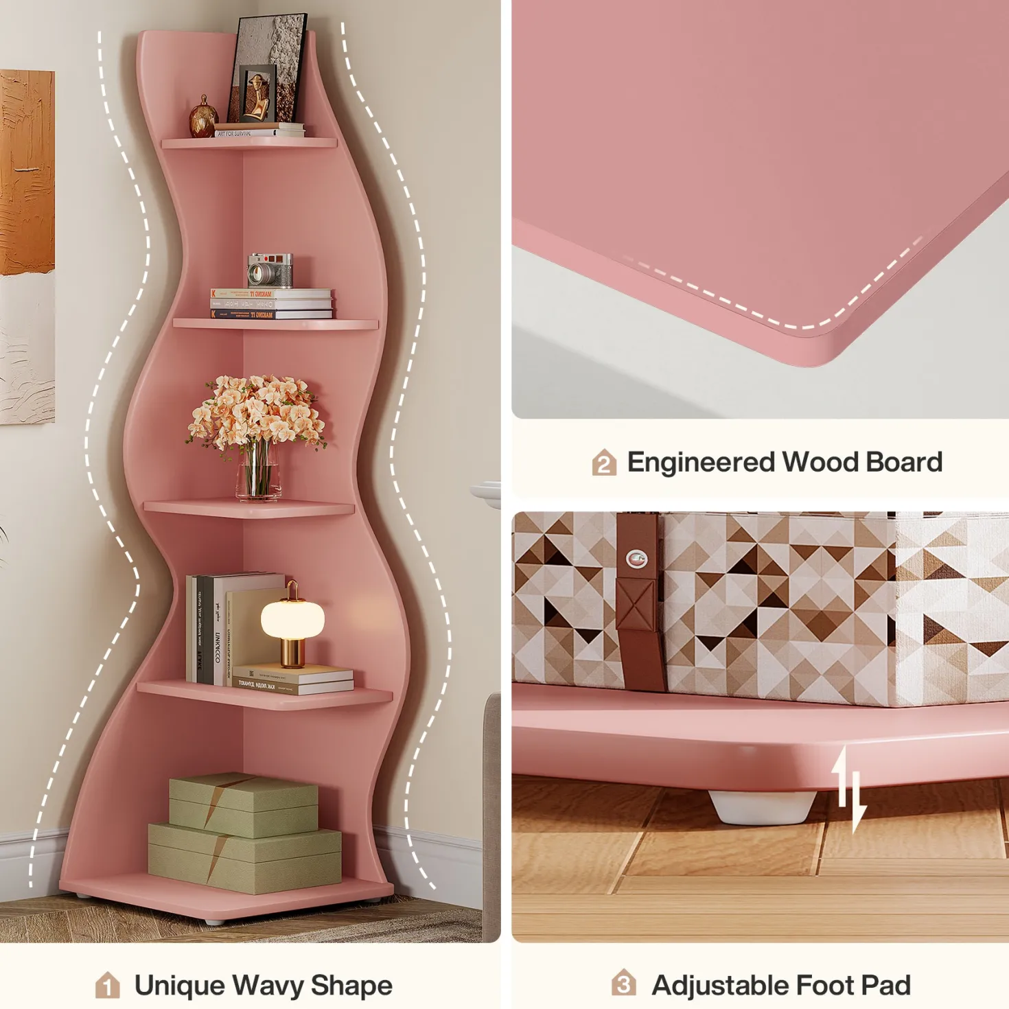 5-Tier Corner Bookcase, Rustic Freestanding Corner Shelf for Small Spaces