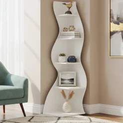5-Tier Corner Bookcase, Rustic Freestanding Corner Shelf for Small Spaces