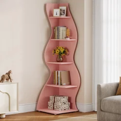 5-Tier Corner Bookcase, Rustic Freestanding Corner Shelf for Small Spaces