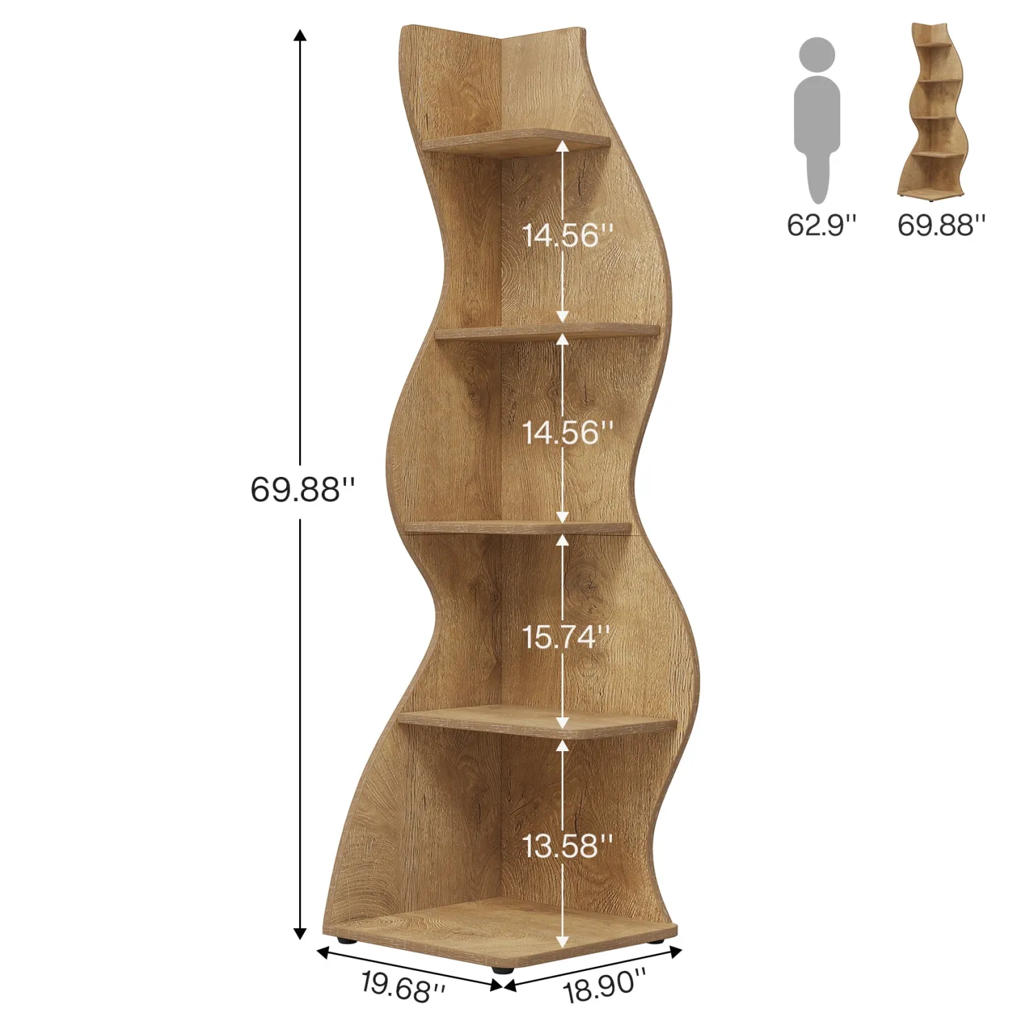5-Tier Corner Bookcase, Rustic Freestanding Corner Shelf for Small Spaces