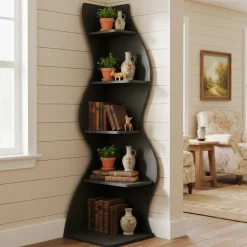 5-Tier Corner Bookcase, Rustic Freestanding Corner Shelf for Small Spaces