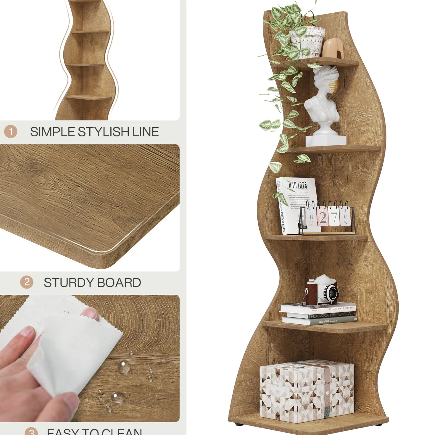5-Tier Corner Bookcase, Rustic Freestanding Corner Shelf for Small Spaces