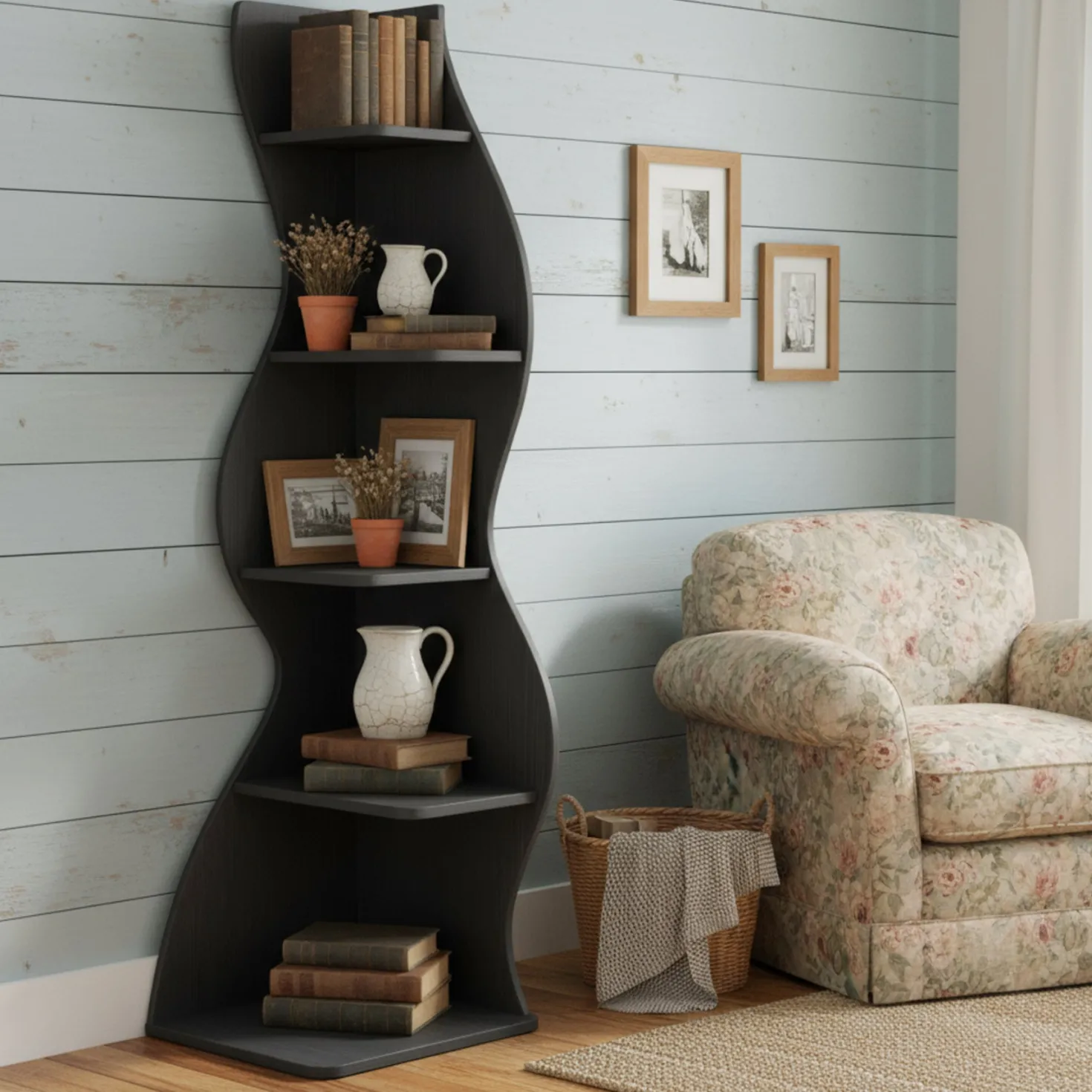 5-Tier Corner Bookcase, Rustic Freestanding Corner Shelf for Small Spaces