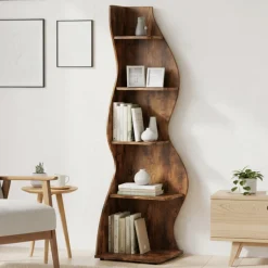 5-Tier Corner Bookcase, Rustic Freestanding Corner Shelf for Small Spaces