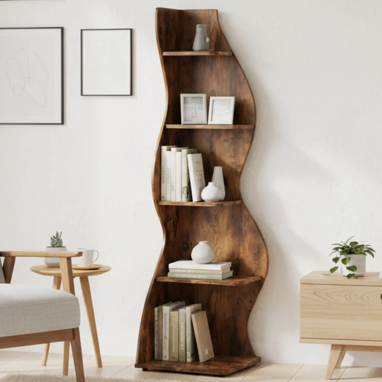 5-Tier Corner Bookcase, Rustic Freestanding Corner Shelf for Small Spaces