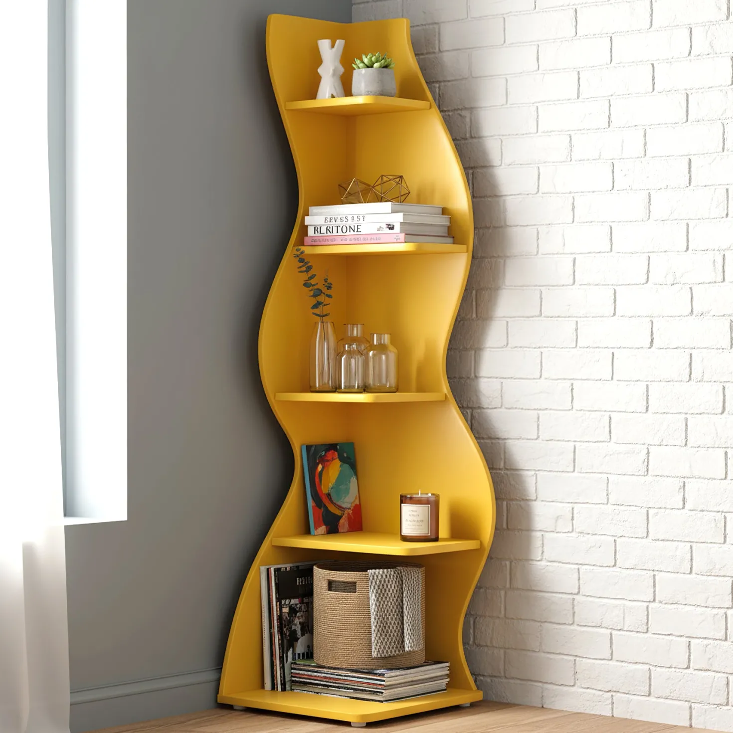 5-Tier Corner Bookcase, Rustic Freestanding Corner Shelf for Small Spaces