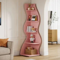 5-Tier Corner Bookcase, Rustic Freestanding Corner Shelf for Small Spaces
