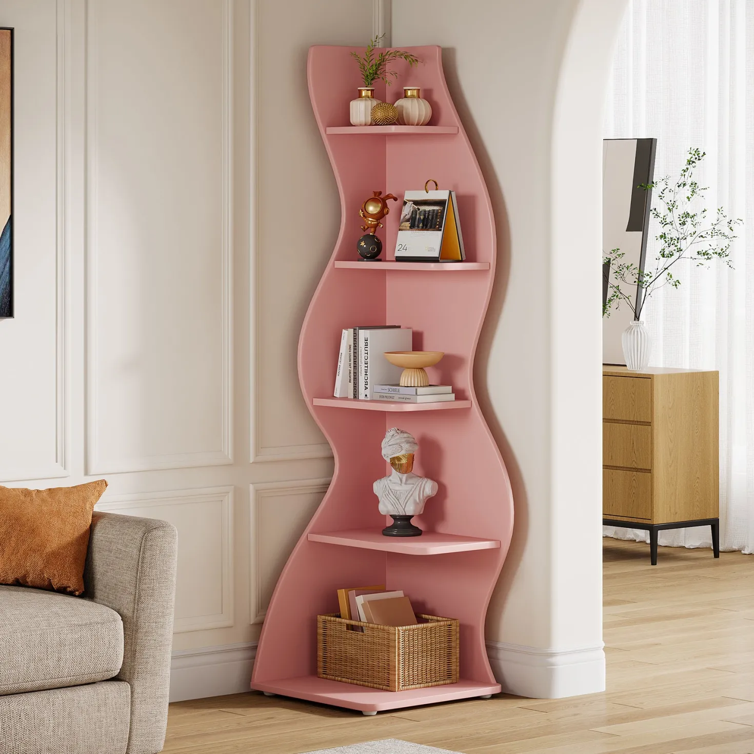 5-Tier Corner Bookcase, Rustic Freestanding Corner Shelf for Small Spaces