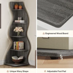 5-Tier Corner Bookcase, Rustic Freestanding Corner Shelf for Small Spaces
