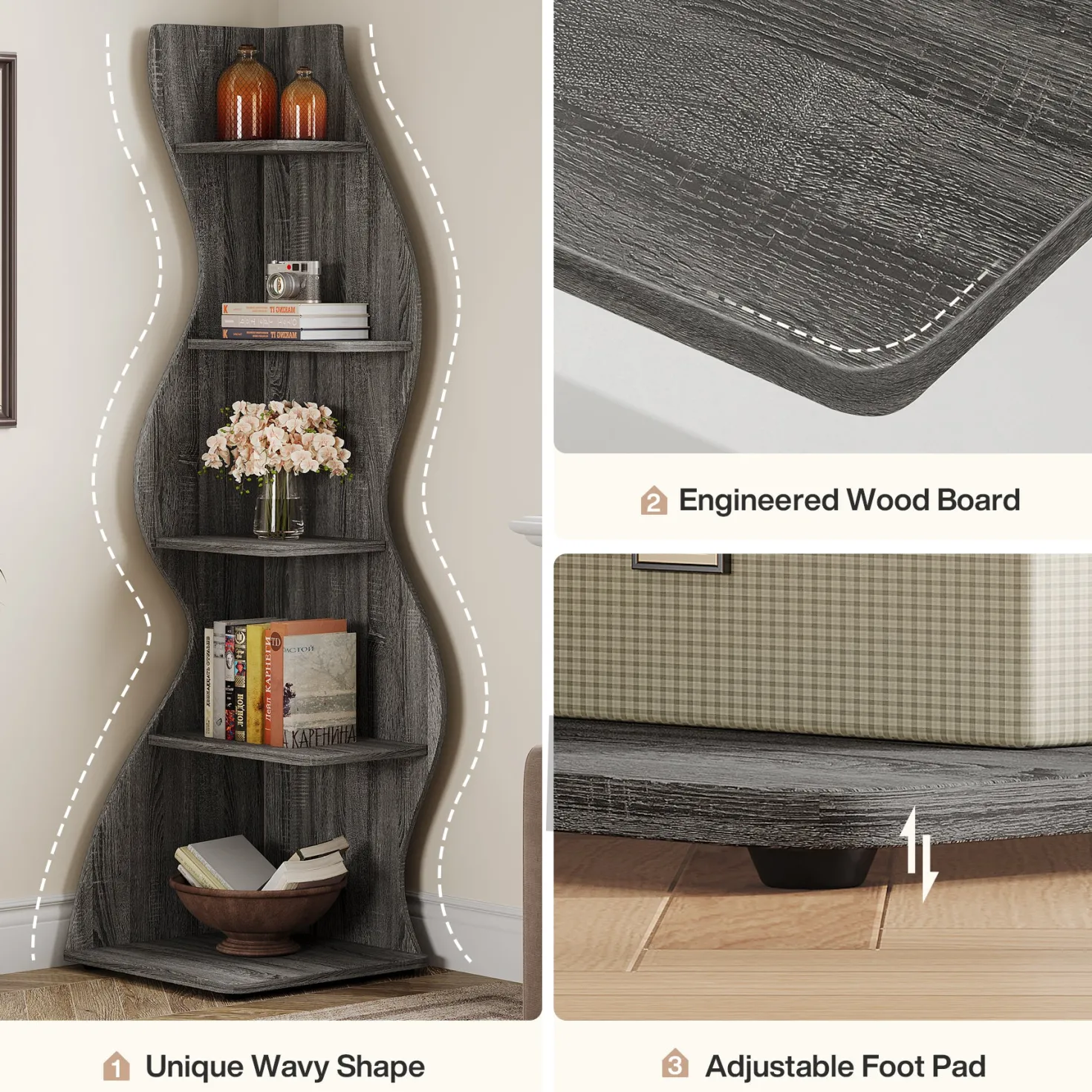 5-Tier Corner Bookcase, Rustic Freestanding Corner Shelf for Small Spaces