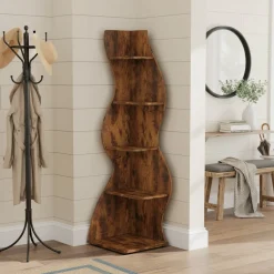 5-Tier Corner Bookcase, Rustic Freestanding Corner Shelf for Small Spaces