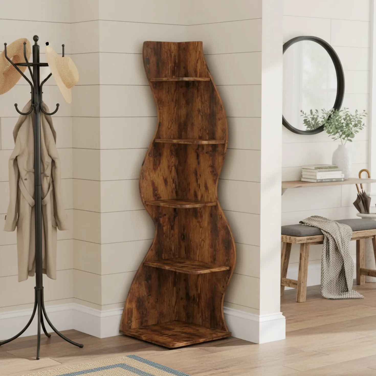5-Tier Corner Bookcase, Rustic Freestanding Corner Shelf for Small Spaces