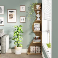 5-Tier Corner Bookcase, Rustic Freestanding Corner Shelf for Small Spaces