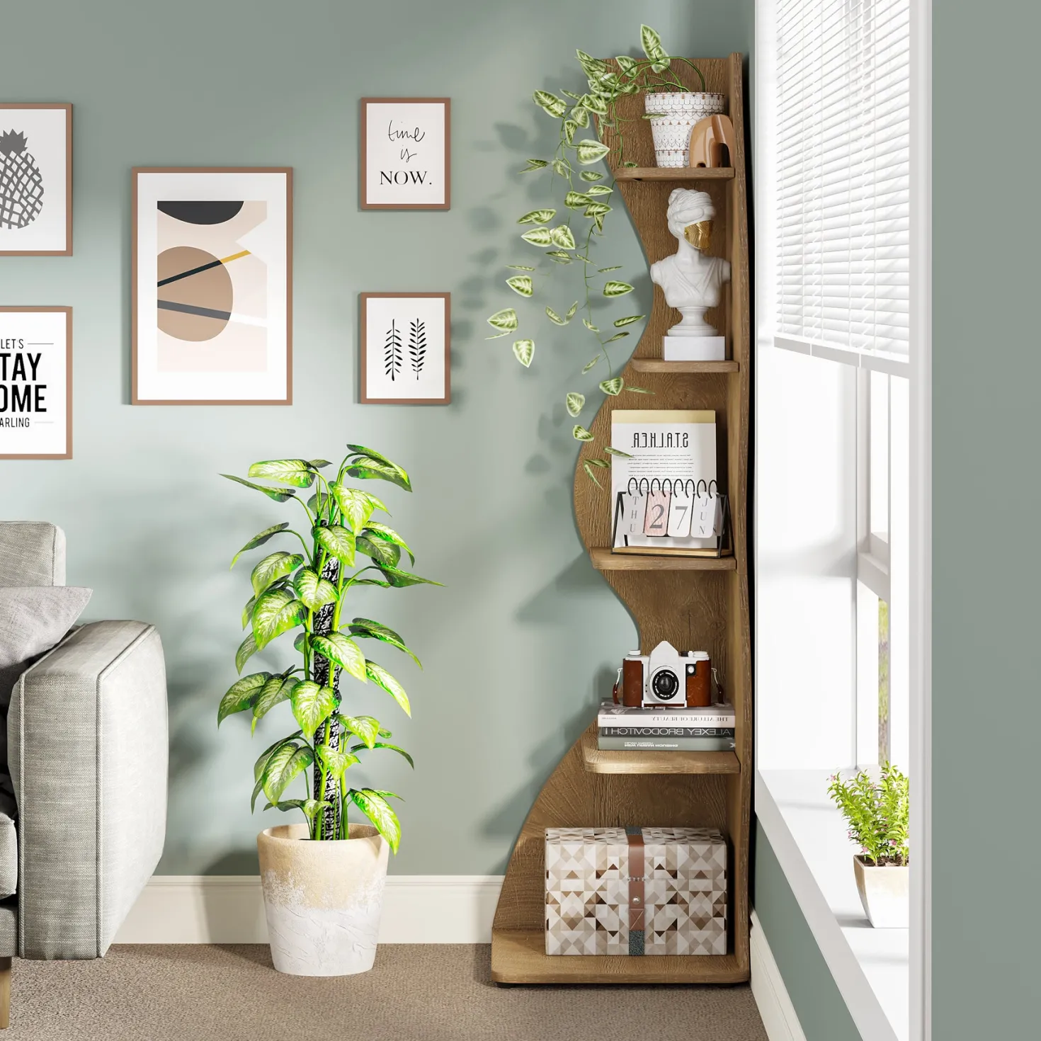 5-Tier Corner Bookcase, Rustic Freestanding Corner Shelf for Small Spaces