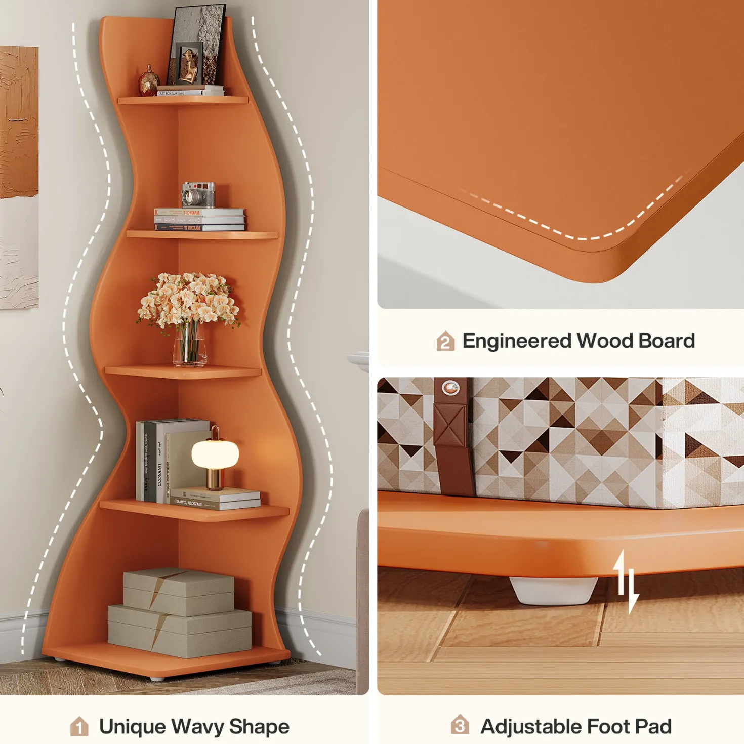 5-Tier Corner Bookcase, Rustic Freestanding Corner Shelf for Small Spaces
